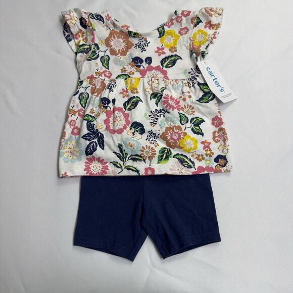 Carter's Floral Flowy Top & Shorts Set Baby Girl Size 9 Months Navy White Pink - Picture 1 of 8